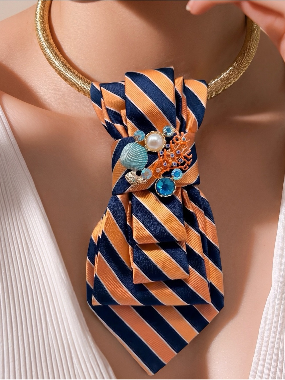 CHIC CHICK UPCYCLE | Striped Navy Orange Bow Neckpiece with Ocean Charm Accent